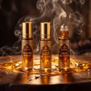 Premium Kvepalų Aliejaus Rinkinys No. 2: “Liquid Gold” (Baltasis Udas, Skaidrus Šafranas ir Švelni Ambra) + Attars 2 ml x 3 (vnt)